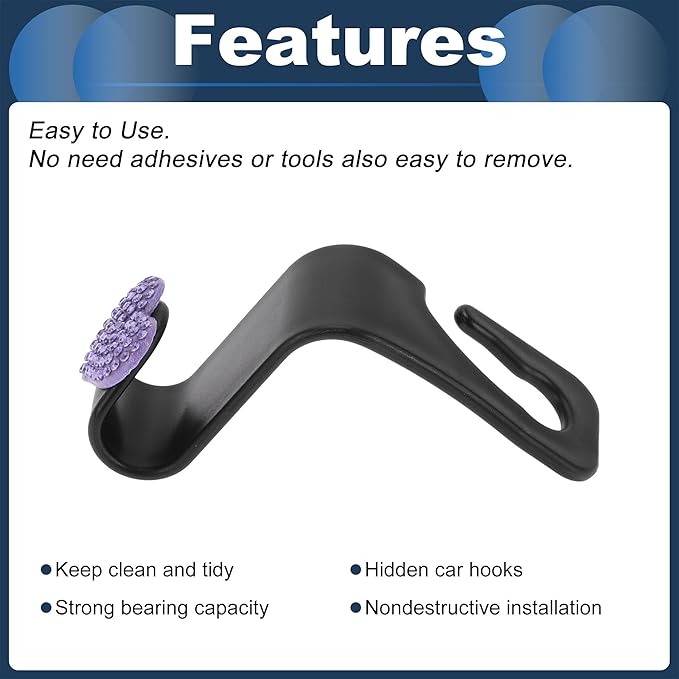 Car Seat Headrest Hook Interior Accessories for Most Car, SUV, Truck Car Seat Back Organizer Hooks Plastic Rhinestone Sturdy Purple 2.4"x1.26"