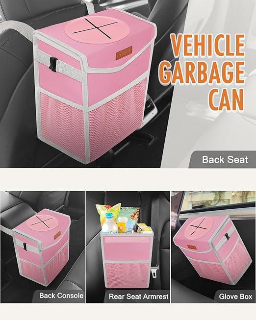 Car Trash Can with Lid, Cute Leakproof Car Trash Garbage Bag Hanging Vehicle Trash Bin Small Portable Automotive Garbage Cans Organizer for Back/Front Seat/Console(2.8 gal,Pink