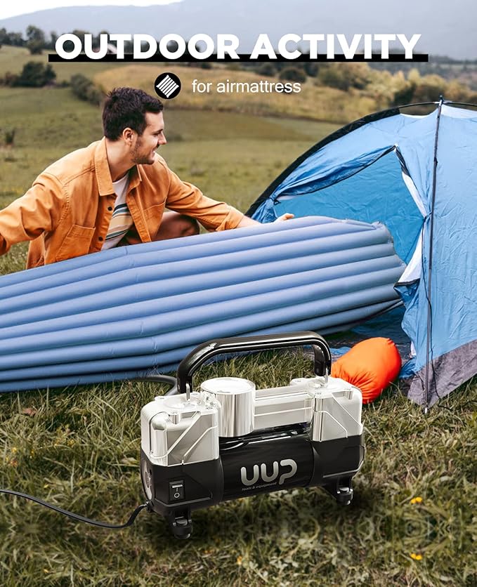 UUP Tire Inflator Air Compressor, 150PSI 12V DC Double Cylinders Heavy Duty Portable Air Pump w/Emergency LED Light for Truck, SUV, Car, RV (black1)