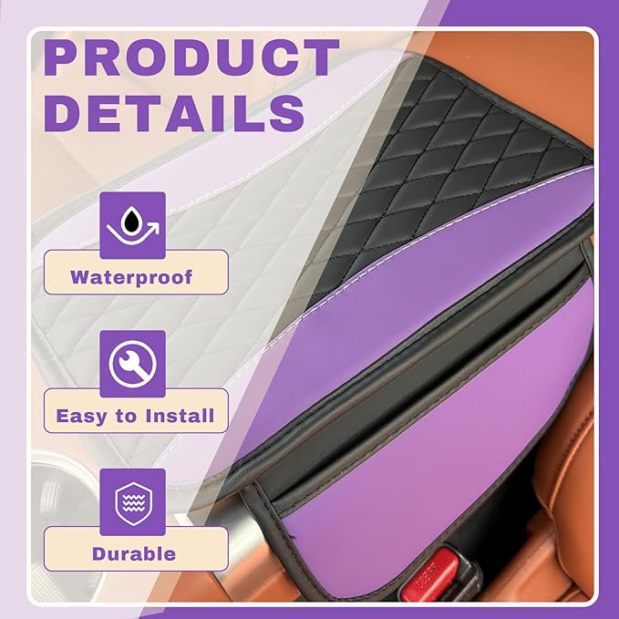 Leather Car Center Console Cover with Side Pockets, Upgraded Arm Rest Cover for Car Seat Organizer, Middle Console Cover Stylish Car Decoration, Universal for Most Vehicles (Purple)