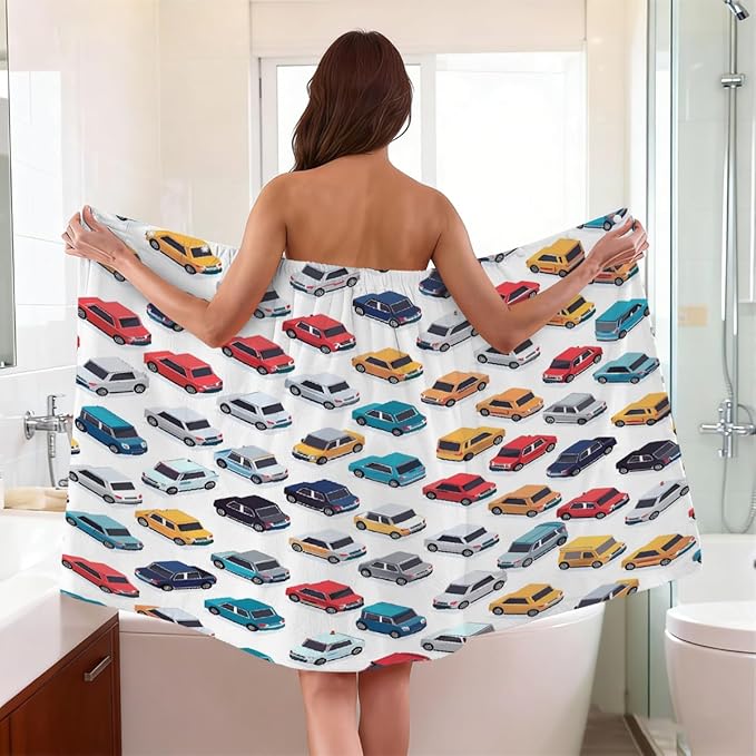 Women's Bath Wrap Colorful Cars Pattern Print Absorbent Shower Spa Body Bath Robe Wraps Bathrobe Towel with Adjustable Closure