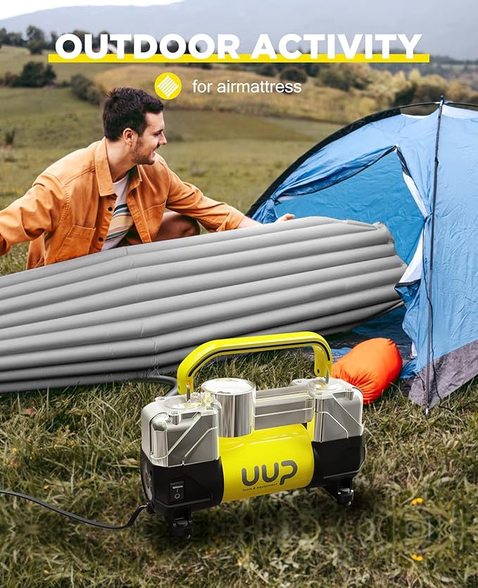UUP Tire Inflator Air Compressor, 150PSI 12V DC Double Cylinders Heavy Duty Portable Air Pump w/Emergency LED Light for Truck, SUV, Car, RV