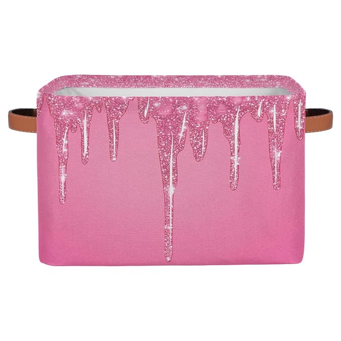 Pink Sparkly Storage Baskets for Organizing, Fabric Collapsible Storage Bins Box Pink Glitter Decorative Toy Organizer Baskets for Closet Shelves Gift Basket 1 Pc