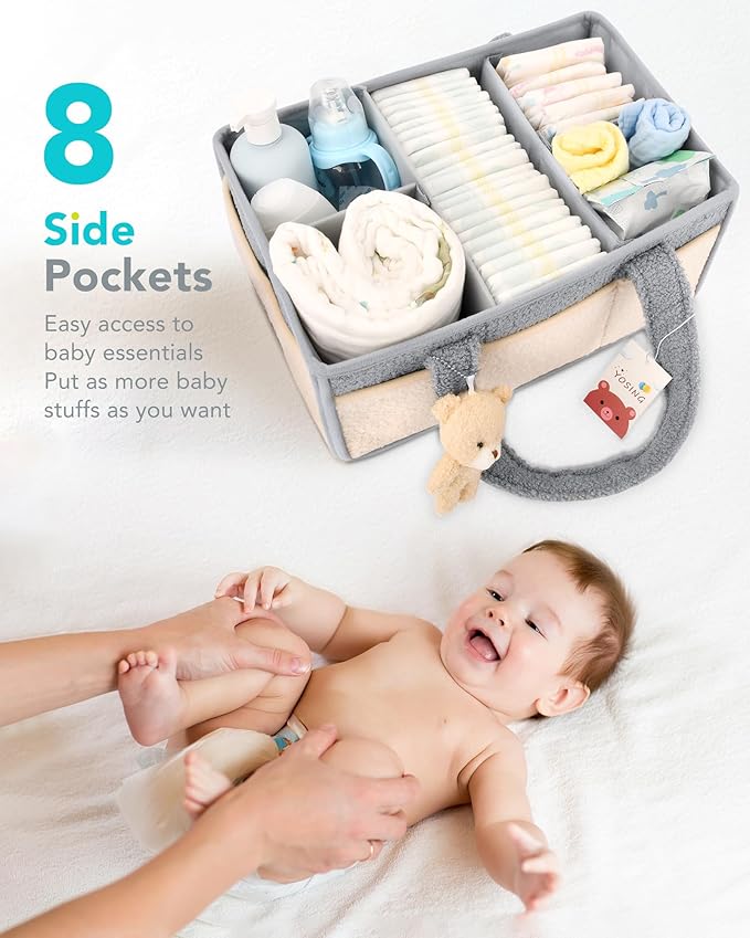 YOSING Diaper Caddy Organizer for Changing Table, Newborn Caddy for Car Travel, Nursery Storage and Car Organizer for Diapers and Baby Wipes, Gray+ White