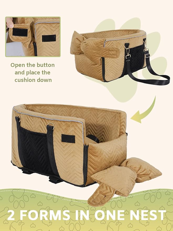 Prpeko Small Dog Car Seat, Portable Dog Seat with Soft Washable Cushion,Center Console Dog Car Seat for Small Dogs Up to 13lbs(Brown)