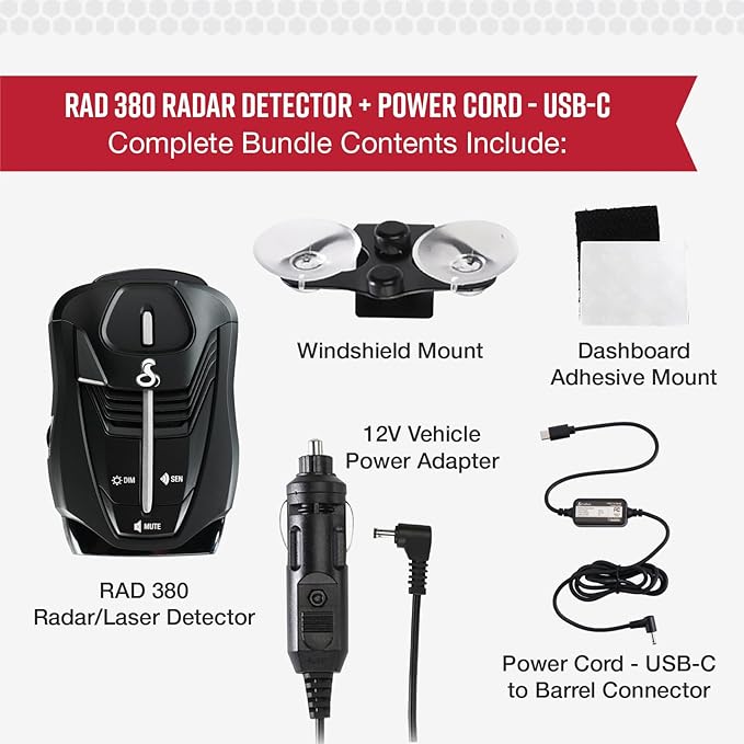 Cobra RAD 380 Laser Radar Detector + USB-C Power Cable Bundle – Long Range Detection, LaserEye Front and Rear Detection, IVT Filtering, Adjustable Sensitivity, Digital Signal Processing, Black