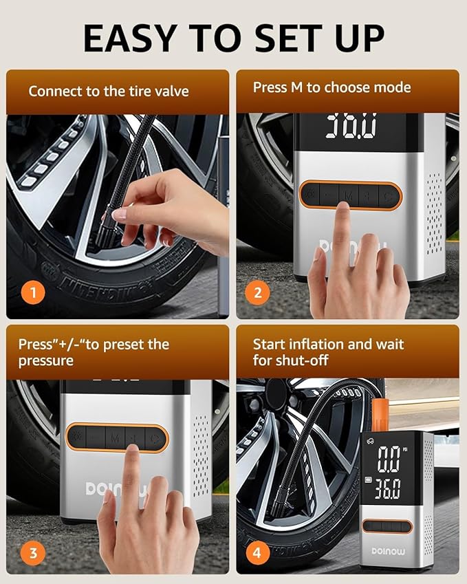 Tire Inflator Portable Air Compressor - Cordless Air Pump for Car Tires with Tire Pressure Gauge (150 PSI) - One Click Smart Pump Tire Inflator for Car, Motorcycle, Bicycle and Ball, Gift for Dad, Men