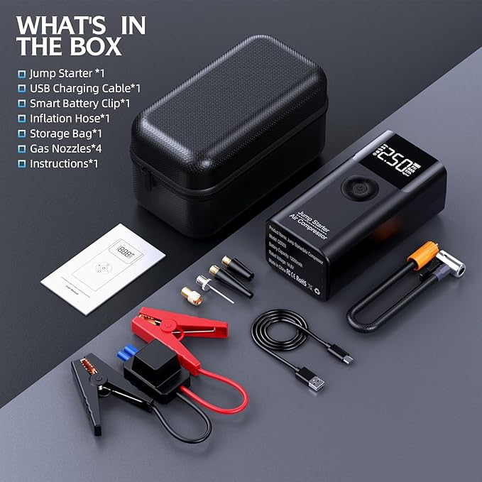 10-in-1 Jump Starter with Air Compressor, 3500A 150PSI Portable 12V Jump Box Car Battery (9 Gas/8 L Diesel), with Auto-Shutoff Tire Inflator, Power Bank, LED Lights, Large LCD Display