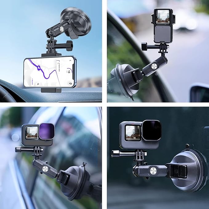 TELESIN Suction Cup Car Mount with Phone Holder, Windshield Window Dashboard Boats Vehicle Attach for DJI Osmo Pocket 4,Pocket 3,Action 6 5 Pro 4 GoPro Hero 13 12 11 10 9 Insta360 X5 Xtra Camera Mount