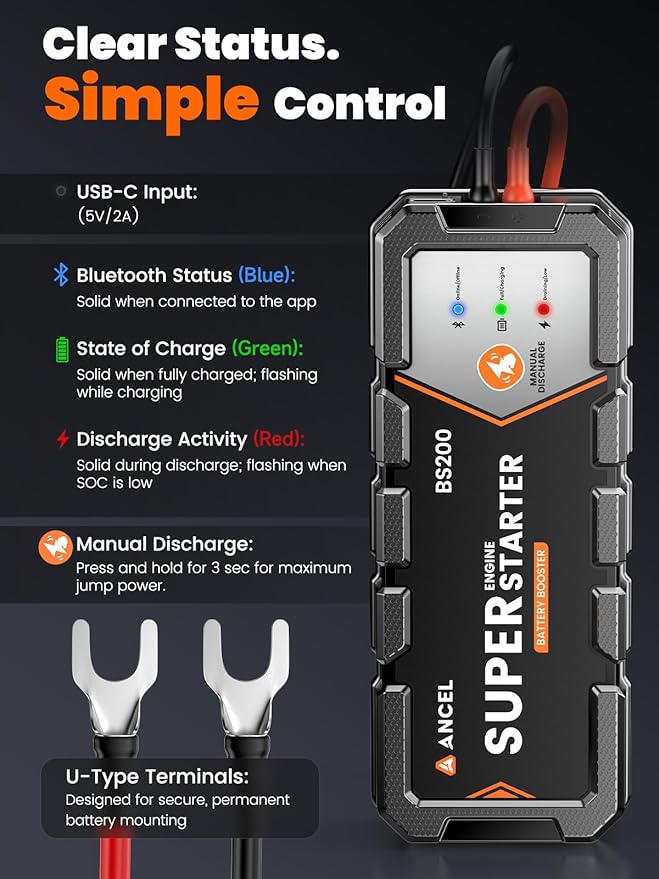 ANCEL BS200 Automatic Jump Starter - Permanent Connected Auto Starting System with Super Capacitor, Car Battery Super Starter & Battery Monitor, -40℉~176℉ Remote Jump Booster for 3.0L Vehicles