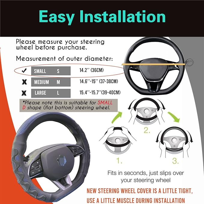 PINCTROT D Shaped 14 Inch Small Sized Steering Wheel Cover Great Grip with 3D Honeycomb Anti-Slip Design, Flat Bottom 14 Inch (Blue)