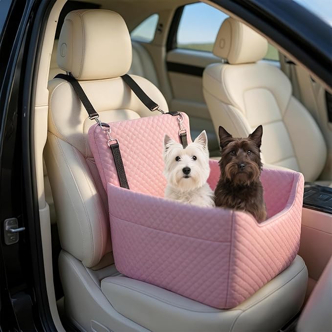 ALL GOOD PET SUPPLIES Dog Car Seat for Small/Medium Dogs Under 35lbs, Soft Booster Car Seat with Detachable Washable Cover and Cushion, Puppy Dog Car Bed, Pink