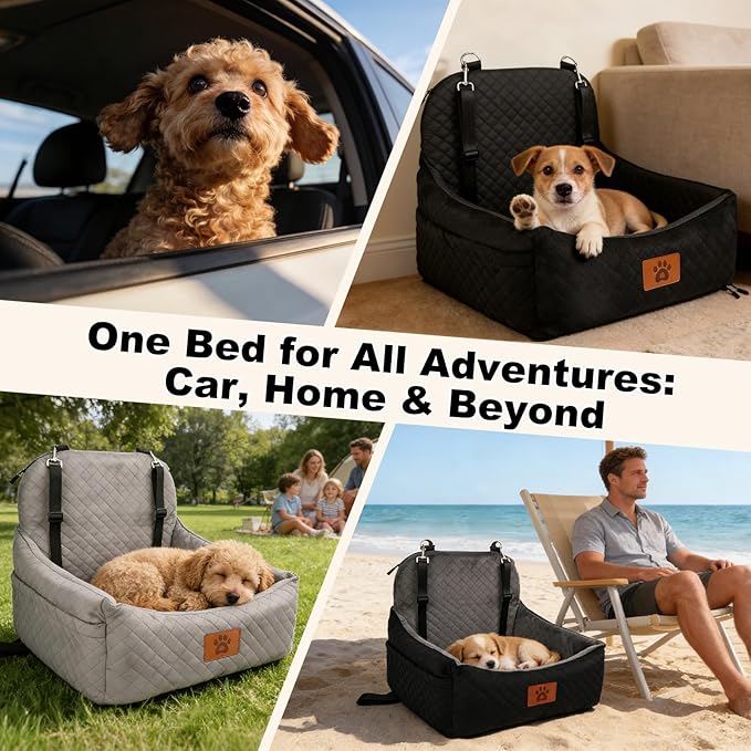 Small Dog Car Seat for Small Dogs Under 30 lbs, Memory Foam Pet Car Seat with Joint Relief & Washable Cover, Portable Travel Bed for SUV/Sedan (Grey)