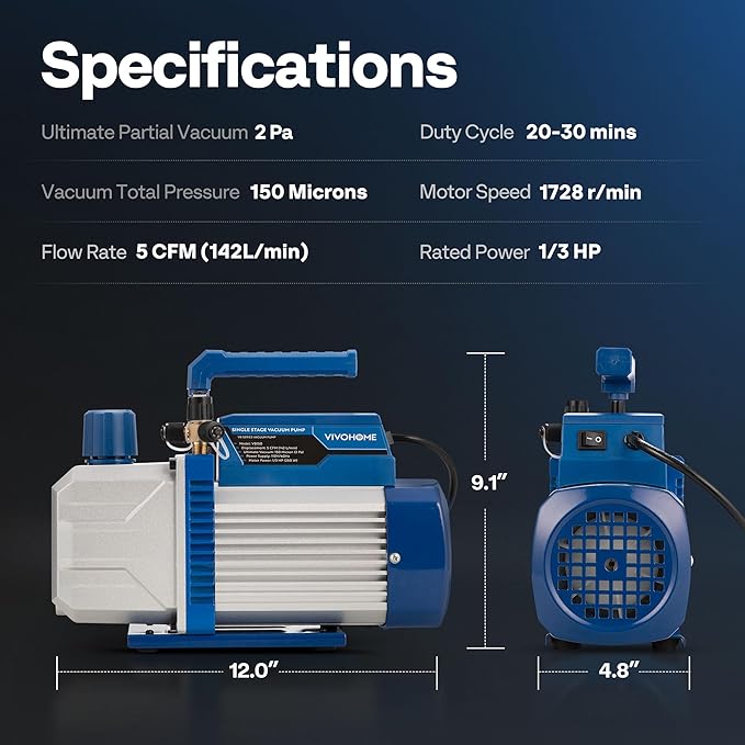 VIVOHOME 110V 1/3 HP 5CFM Single Stage A/C Vacuum Pump and 4 Way AC Manifold Gauge Set Kit with Leak Detector 5ft Hoses for R134a R12 R22 R502 R410a HVAC Air Conditioning Refrigeration Recharging