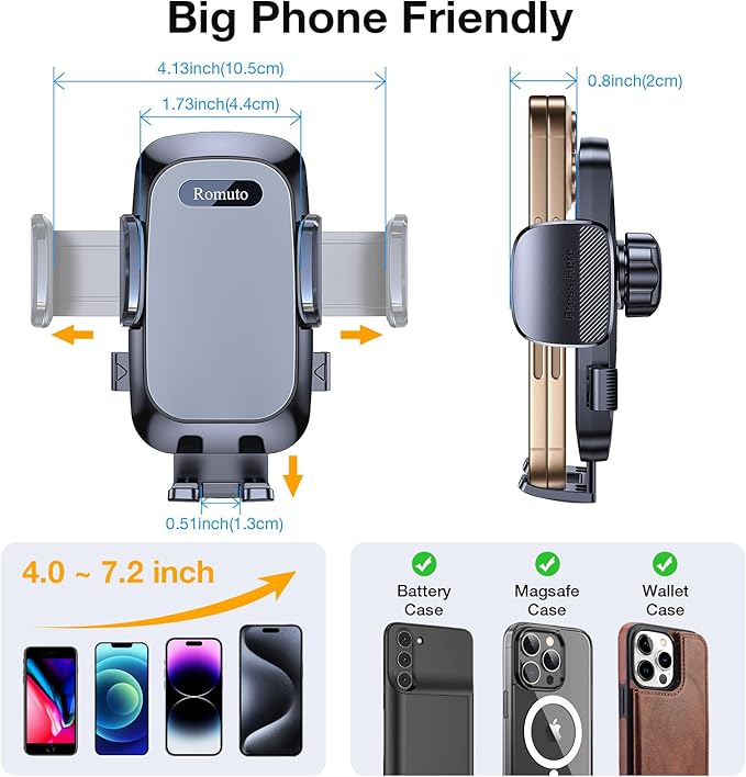 Romuto Car Phone Holder MountใStrongest Suctionใ Phone Mount for Car Cell Phone Holders for Your Car Accessories for Women Men Dashboard/Windshield/Vent/Camera Mounts Stand Holder for iPhone Samsung
