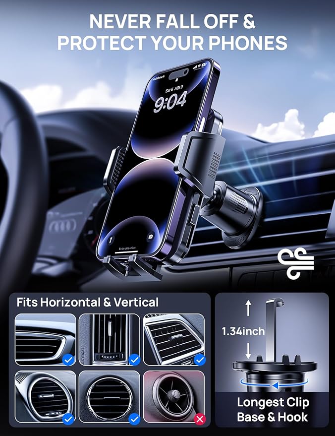 Firm-hold Air Vent Car Phone Holder for iPhone,Rotatable Universal Phone Mount with Adjustable Wide Clamp Metal Hook,Anti-vibration,Single-press Release,Heat-resistant,(Upgrade Hook Clip Never Shake)