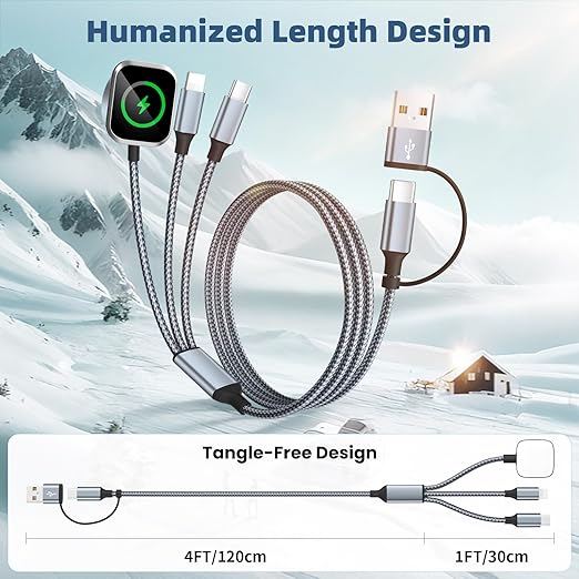 Travel Essentials,3 in 2 Multi Charging Cable for iWatch Charger/IP/USB C,Braided USB A/C Cable Designed for Multiple Devices,Compatible with iWatch Ultra/SE/11-1 & iPhone 17-11,Gray(2Pack-5FT)