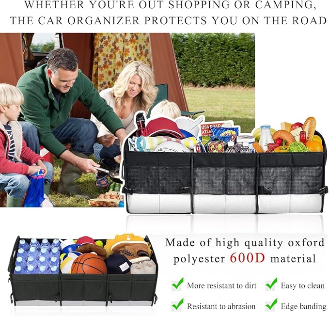 Large Organizer for Car, 95L Stretchable Storage Trunk Organizer with Divided Compartments, Fixed Big Trunk Organizer with Handles & Adjustable Straps, Car Accessories (Black & Gray)