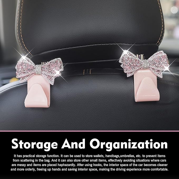 2 PCS Bling Car Seat Headrest Hooks, Crystal Rhinestone Bow Vehicle Hooks for Purses and Bags, Automotive Purse Hook Hanger, Universal Diamond Car Rear Seat Organizer (Pink)