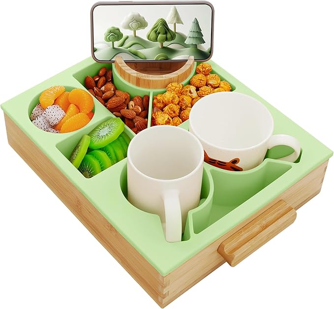 Nnewvante Divided Cup Holder Tray, 8 in 1 Serving Tray with Handle for Sofa Bed RV Car Organizer Caddy Movie Night Snack Trays, Bamboo and BPA Free Silicone, Green