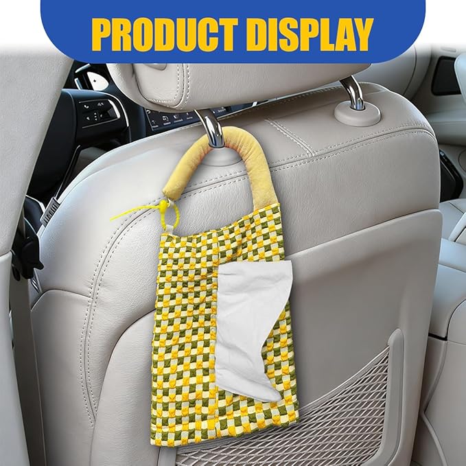 Car Tissue Holder, Checkered Pattern Car Backseat Napkin Holder, Rectangular Canvas Hanging Auto Tissues Box, Universal Vehicle Storage Organizer Accessory for Phone, Small Items (Green)