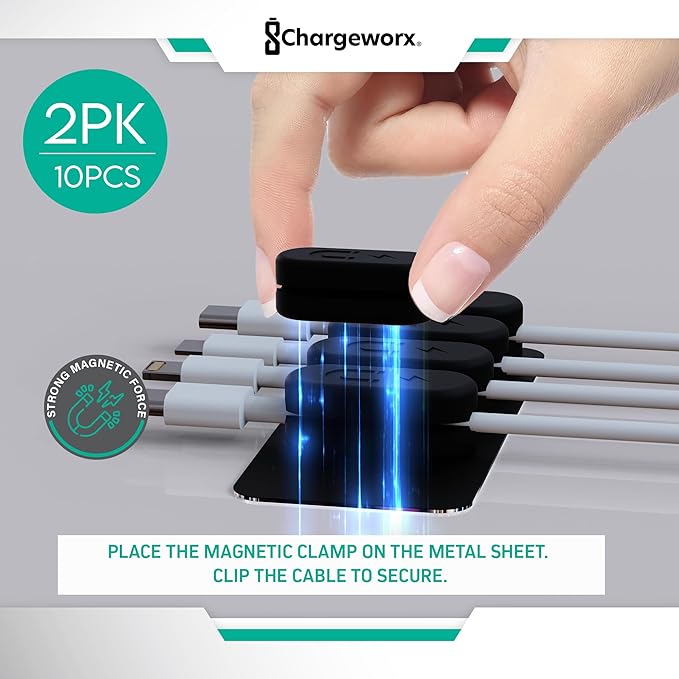 CHARGEWORX Magnetic Cable Clips 10-Pack – Adhesive Cord Organizer for Desk, Wall, Nightstand & Car – Magnetic Cable Holder for USB-C, Lightning, HDMI & Charging Cables – Cable Management Clips