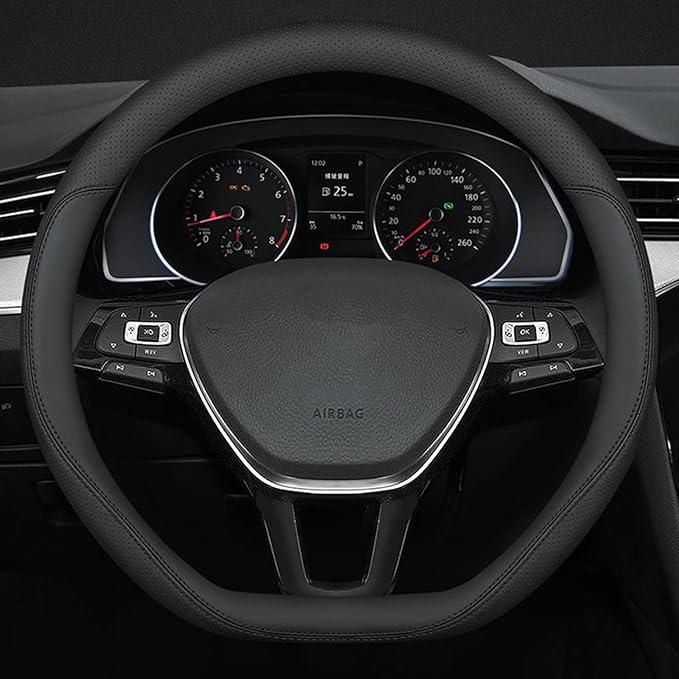 D Shaped Steering Wheel Cover, Flat Bottom Car Wheel Cover 14 1/2-15 inch (37-39 cm), Breathable Microfiber Leather, Black