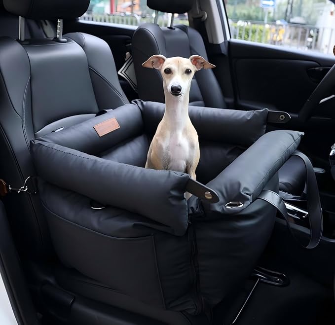 FUNNYFUZZY Leather Dog Car Seat for Small & Medium Sized Dogs Up to 35lbs, Waterproof and Washable Dog Booster Seat Car Bed for Travel and Home,Portable and Safety(Black)