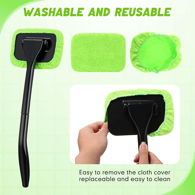 FoldTier 8 Pcs Car Windshield Cleaner Tool Kit with Removable Handle, Microfiber Towel Pads, Brush, Empty Spray Bottle for Auto Glass Wiper Suvs Rvs & Home Windows(Green)