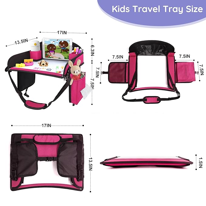 3Pcs Kids Travel Tray, Kids Travel Trays for Car Seat, Road Trip Essentials for Toddler, Carseat Lap Tray with Dry Erase Board & Storage Organizer for Road Trip Activities for Kid, 2Black+1Pink