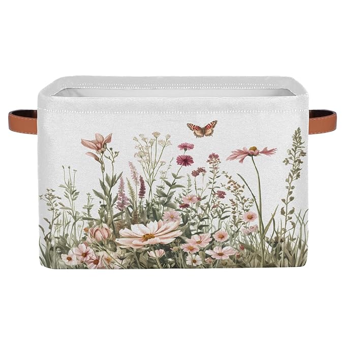 Spring Wildflowers Storage Baskets for Organizing, Fabric Collapsible Storage Bins Box Plants Floral Decorative Toy Organizer Baskets for Closet Shelves Gift Basket 1 Pc