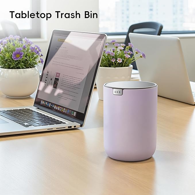 EKO Fandy 0.58 Gal/2.2L Mini Trash Can with Lid, Swing-Top Desktop Trash Can for Bathroom, Countertop, Vanity, Desk or Office, Small Garbage Bin (Lavender)
