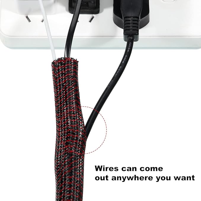 Boao 3 Pieces Cord Protector Wire Loom Tubing Cable Sleeve Split Sleeving for USB Charger Cable Cord Cover Audio Video Cable (Black with Red,1/2 Inch, 1/4 Inch, 3/4 Inch)
