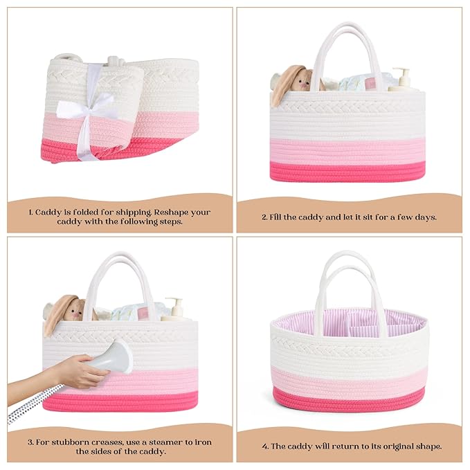 luxury little Diaper Caddy Organizer, Large Cotton Rope Nursery Baby Basket, Changing Table Organizer for Baby Diaper Storage, Portable Car Organizer Removable Divider (Pink, Extra Large)