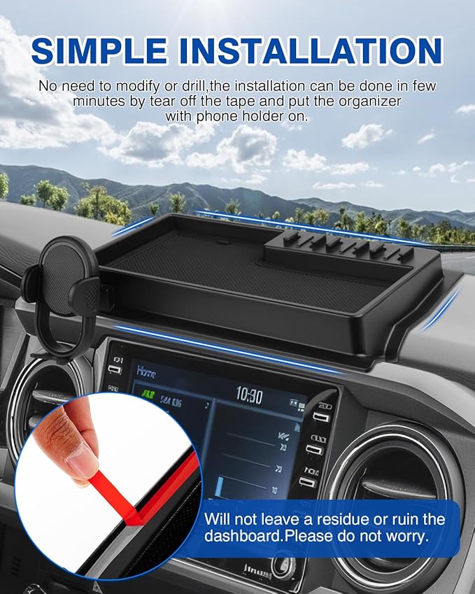 Autorder Phone Holder Mount for Toyota Tacoma 2016-2023 Accessories Center Console Dashboard Organizer with Gopro Mount 360° Rotation Phone Stand with Anti-Slip Mat Hands-Free Shockproof