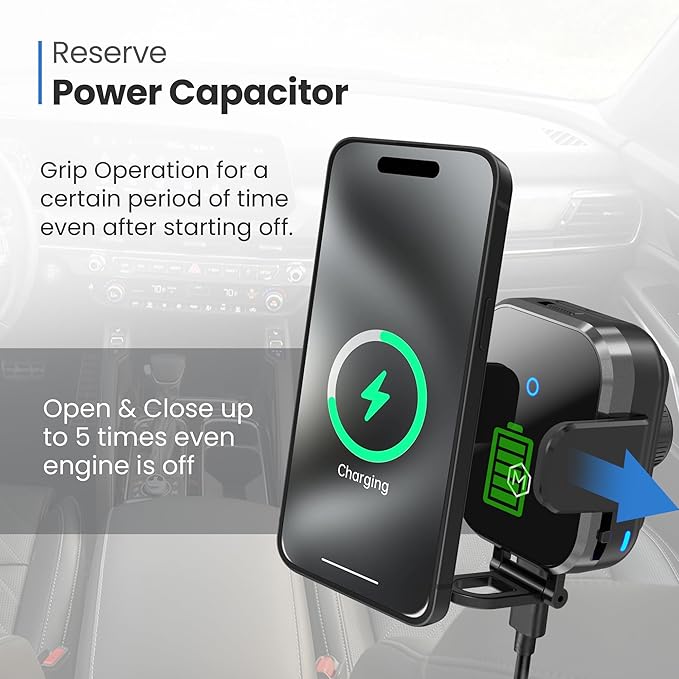 Wireless Car Charger Phone Mount – 15W Charging, Adjustable Stand, Two Mounting Options, Compatible with Phones 3 to 4 Inches - Mini Grip Cradle Multi Angle Suction Cup