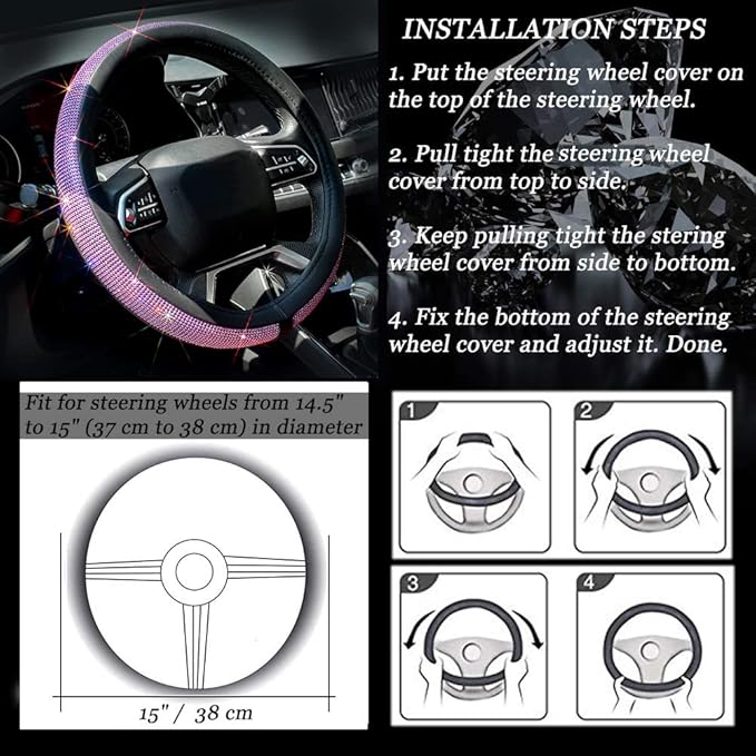 ChuLian New Diamond Leather Steering Wheel Cover with Bling Bling Crystal Rhinestones, Universal Fit 15 Inch Car Wheel Protector for Women Girls Purple Diamond