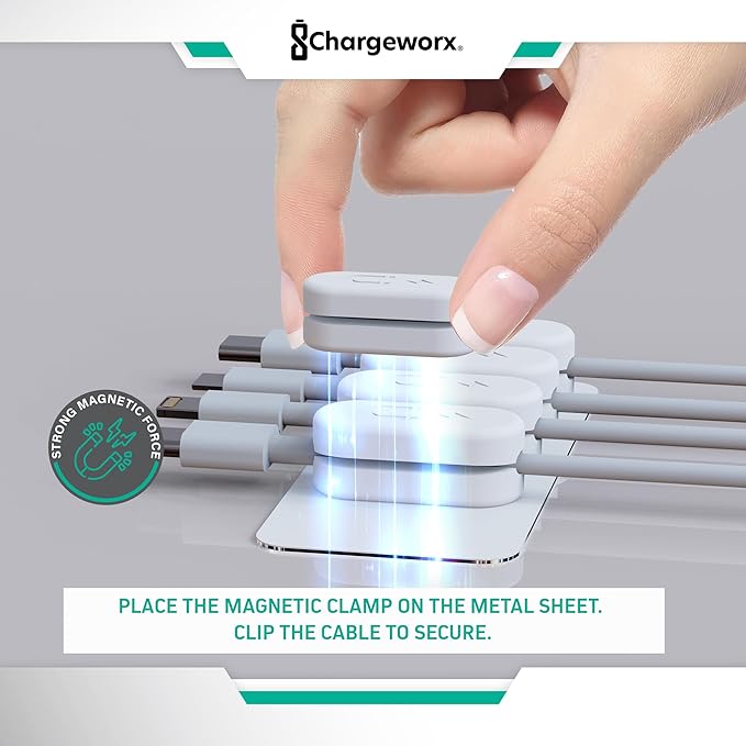 CHARGEWORX Magnetic Cable Clips 20-Pack – Adhesive Cord Organizer for Desk, Wall, Nightstand & Car – Magnetic Cable Holder for USB-C, Lightning, HDMI & Charging Cables – Cable Management Clips