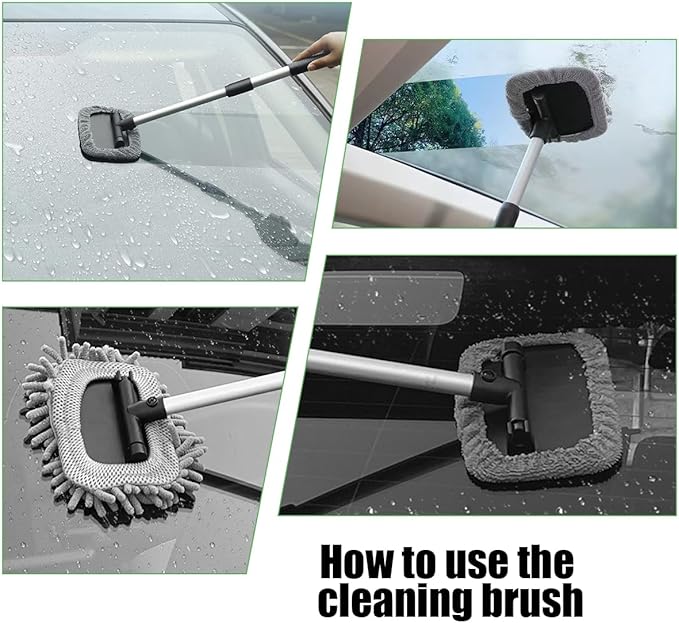Car Windshield Cleaning Tool, Vehicle Window Cleaner with 3 Reusable Pads & Extendable Handle, Automotive Glass Wiper Wash Kit for Interior Exterior, Universal for Vehicles (Rectangular)