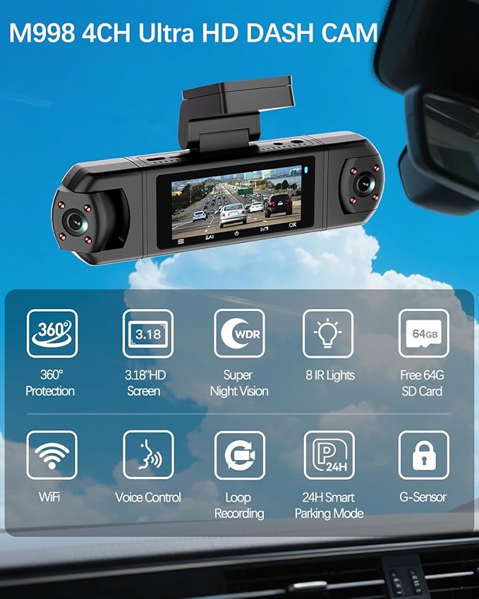 4 Channel Dash Cam, 360° View 3K Front +1080P x3 Left & Right, Dash Camera for Cars,8 IR Lamps Night Vision,Voice Control,WiFi & APP Control,G-Sensor,Parking Mode, with a Free 64GB SD Card