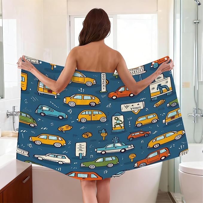 Women's Bath Wrap Cartoon Cars Pattern Absorbent Shower Spa Body Bath Robe Wraps Bathrobe Towel with Adjustable Closure