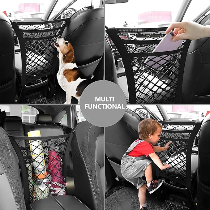 3-Layer Car Mesh Organizer, Seat Back Net Bag Stretchable Barrier of Backseat Pet Kids, Four-Side Elastic Storage Netting Pouch Cargo Tissue Purse Holder Between Front Seats