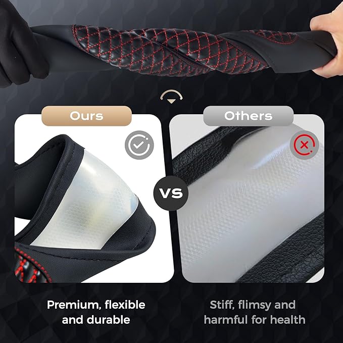 Coverado Car Steering Wheel Cover, Nappa Leather Black & Redline Steering Wheel Covers, Universal 14-15 inch, Anti-Slip, Breathable Steering Wheel Protector for Women Men
