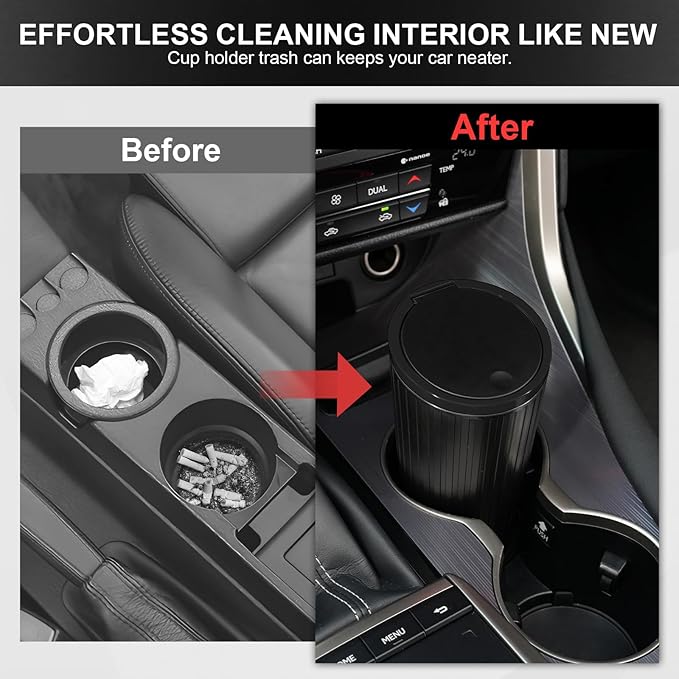 SINGARO Car Trash Can with Lid, Leakproof Mini Garbage Bin for Car Cup Holder, Small Trash Can for Vehicle, Home & Office - Includes 30 Bags, Easy Clean (Black)