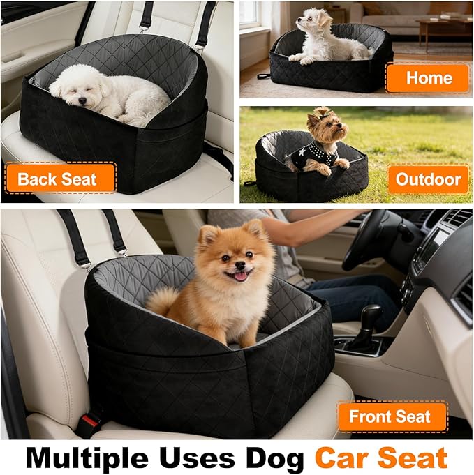 Dog Car Seat for Small Medium Dogs, Dog Booster Seat Travel Bed for Small Dogs up to 30 lbs, for Front/Back Seats – Washable Pet Car Seat with 2 Pockets (Black/Gray)