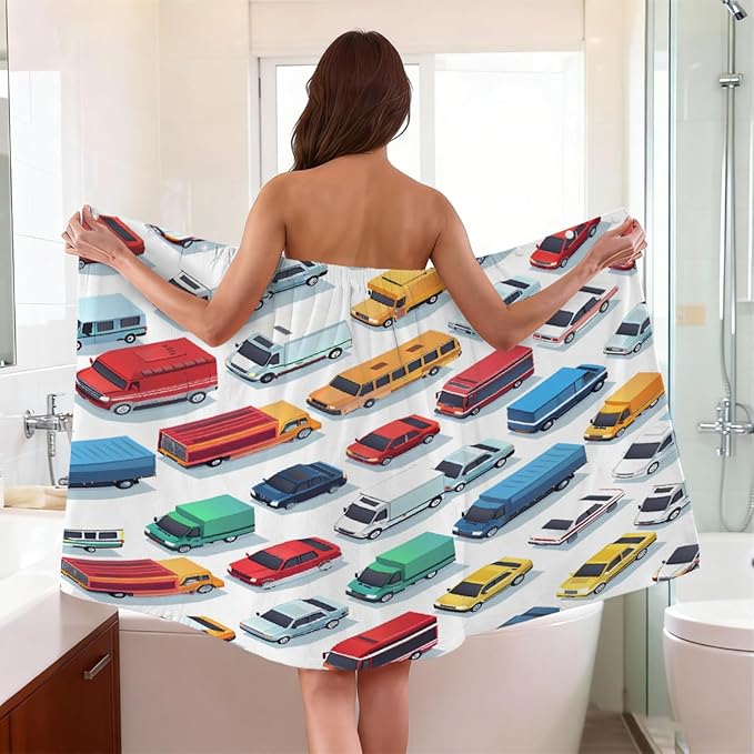 Women's Bath Wrap Colorful Cars Trucks Pattern Absorbent Shower Spa Body Bath Robe Wraps Bathrobe Towel with Adjustable Closure