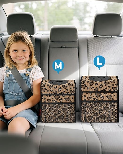 Corduroy Car Trash Can with Lid and Mesh Pockets - Leakproof Organizer,Multipurpose Waterproof Garbage Can/Trash Bin for Car(Leopard Print-2 Gallons)