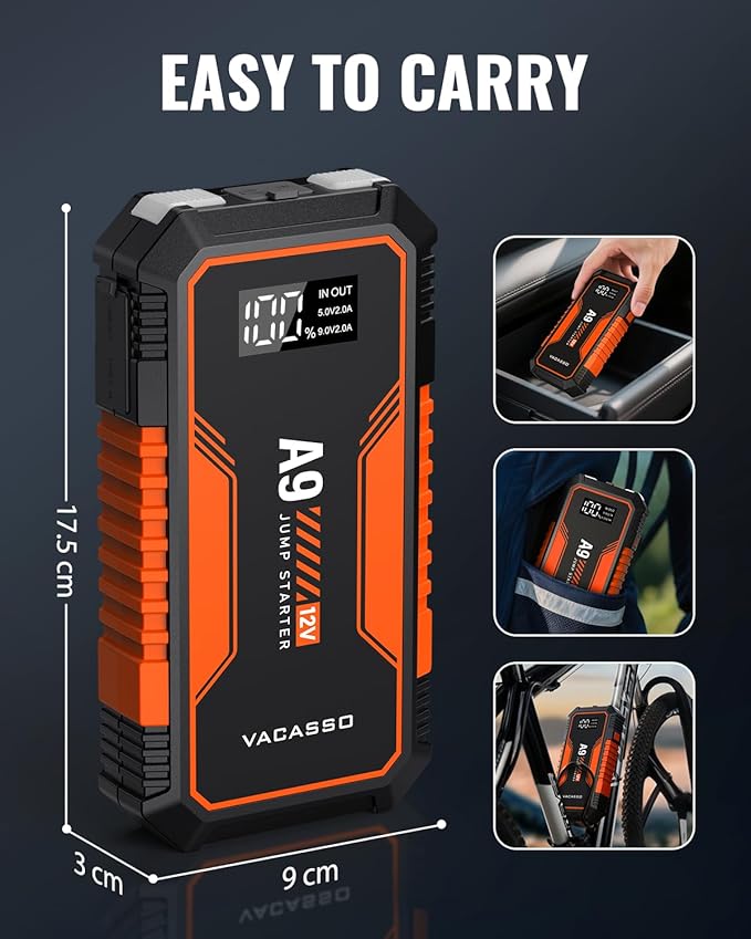 Jump Starter 4000A, VACASSO A9 Battery Jumper Starter Portable (7L Gas/4L Diesel), 12V Car Battery Booster Jump Starters Pack, Jumpstart with USB Ports, Jumper Cables, LED Light, Storage Case