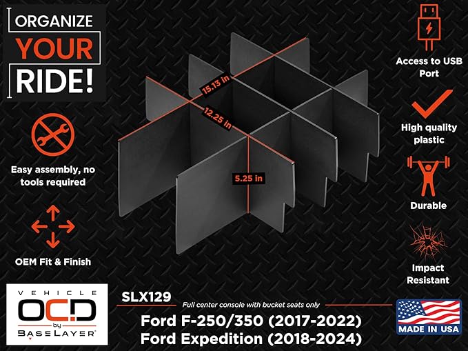 Vehicle OCD - Center Console Organizer for Ford F250/350/450 SuperDuty (2017-2022) and Expedition (2018-2024) (Full Console w/Bucket Seats ONLY) - Made in USA - SLX129