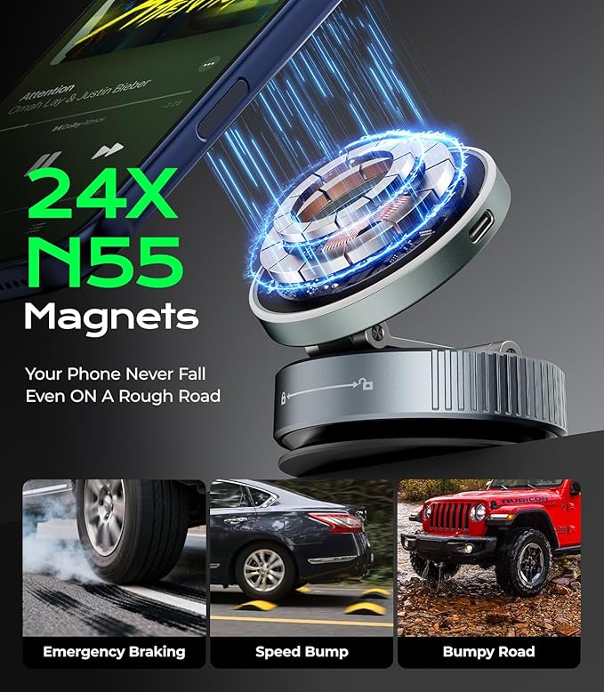 Meifigno for MagSafe Car Mount Charger, 15W Wireless Charger Stand with Vacuum Suction Cup, Magnetic Phone Holder for Car, for iPhone 17 Pro Max 16-12 & Android, 360°Adjustable & Foldable Phone Stand